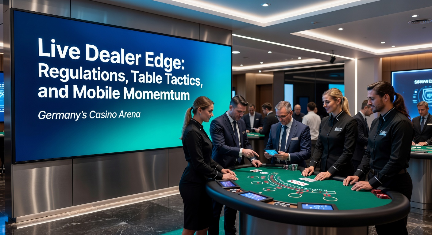 Live-Dealer-Tisch mit Karten und Chips in einem modernen Studio, beleuchtet von Spotlights