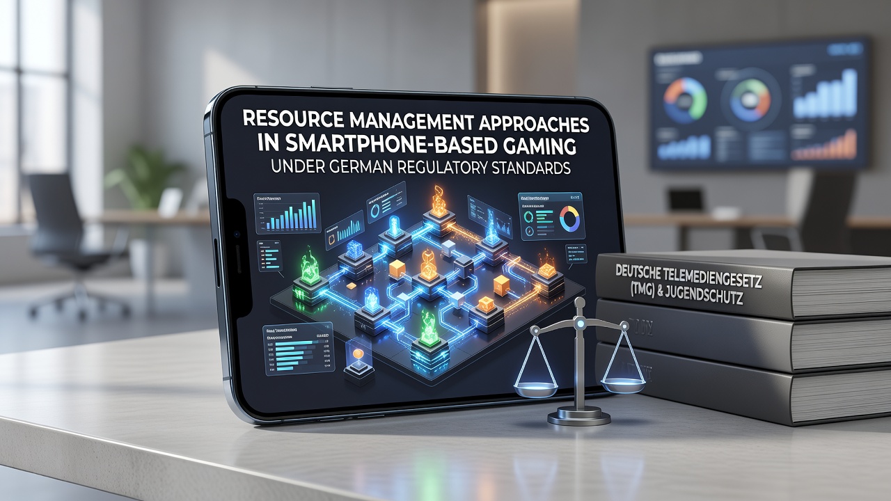 Smartphone zeigt Ressourcenmanagement-Interface in einem regulierten Gaming-Setup