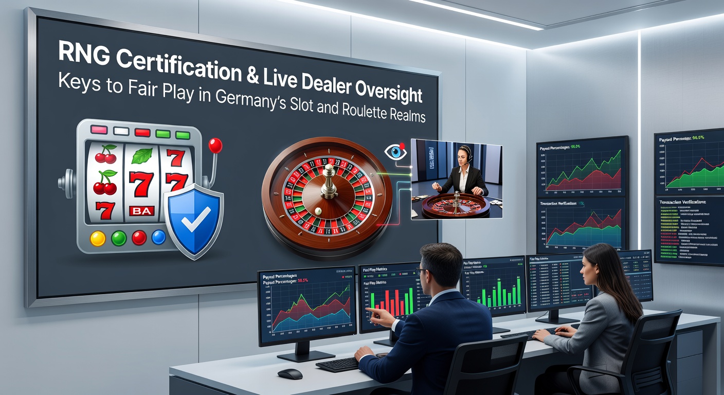 Grafik einer RNG-Zertifizierung mit Slot-Maschinen und Roulette-Tischen, die Fairness in deutschen Online-Casinos symbolisiert