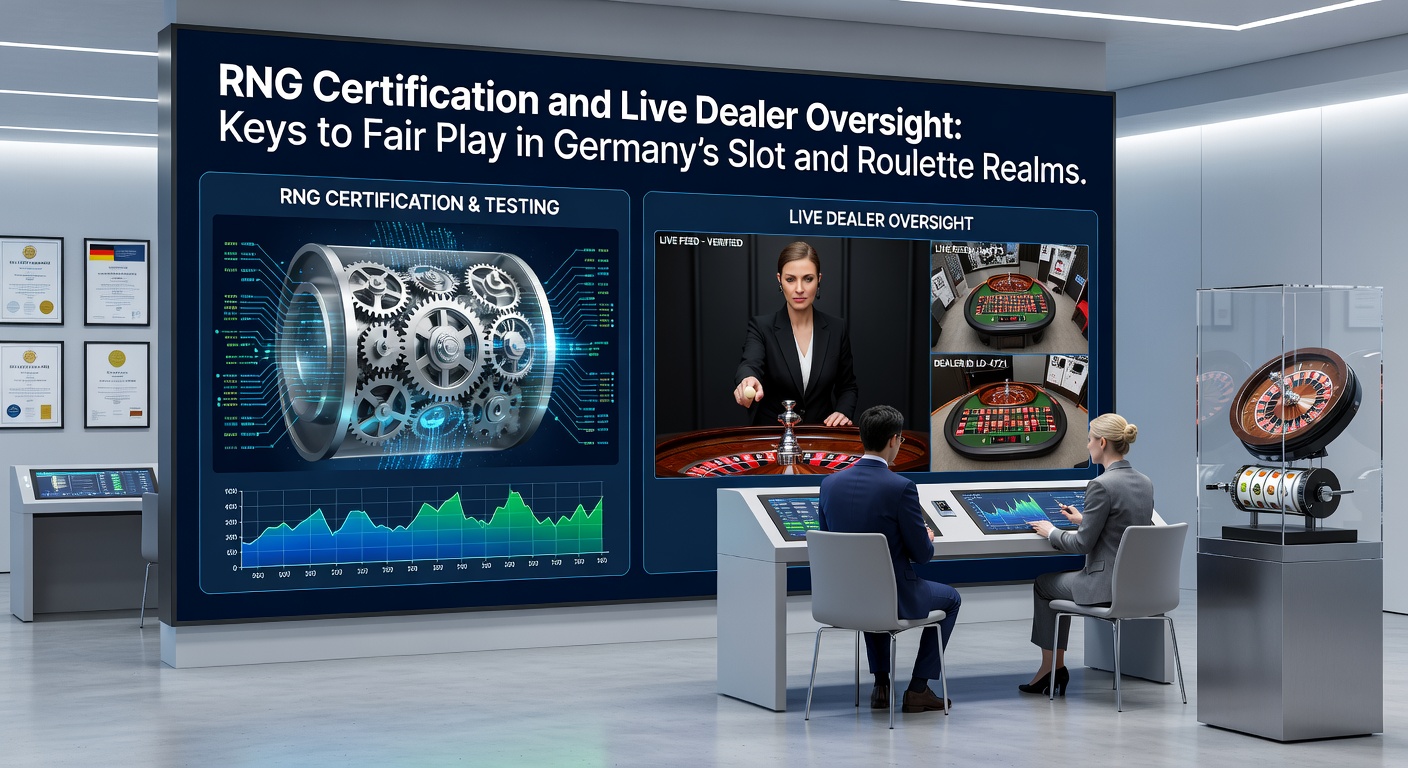 Live-Dealer an einem Roulette-Tisch mit Überwachungskameras und RNG-Symbolen, die faire Spielbedingungen in Deutschland illustrieren
