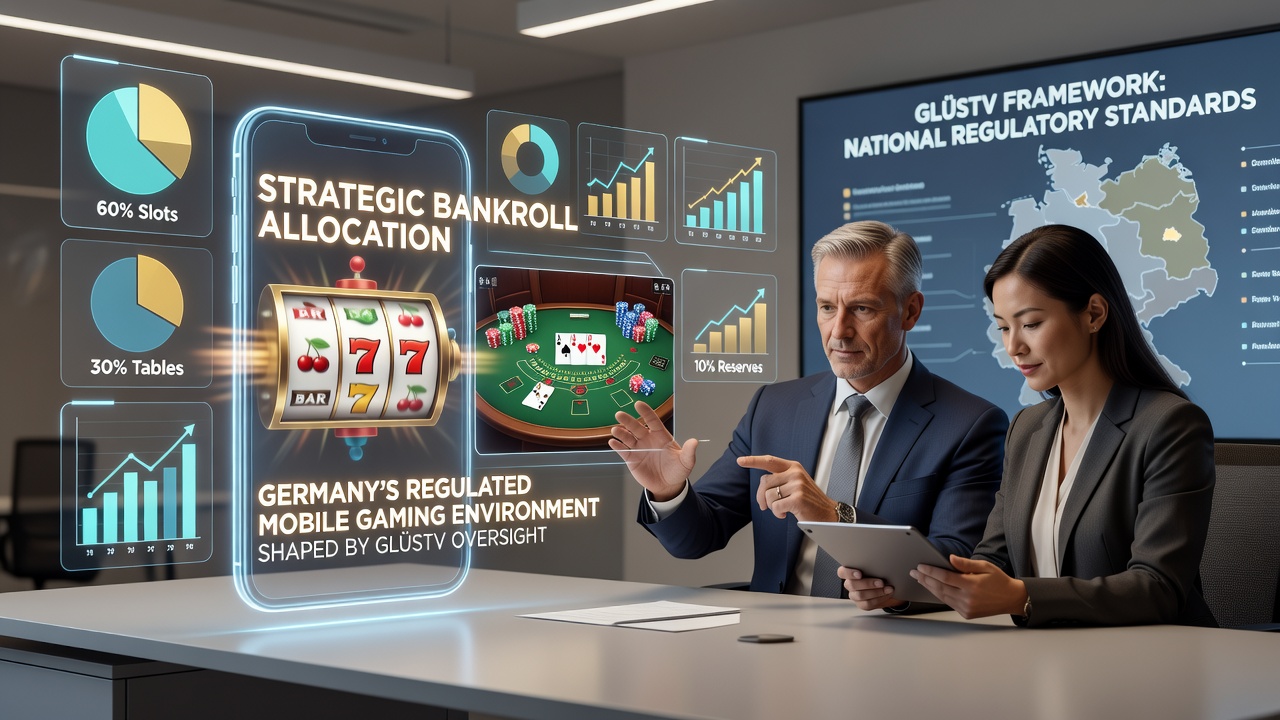 Smartphone mit Casino-Apps und Bankroll-Diagrammen unter deutscher Regulierung