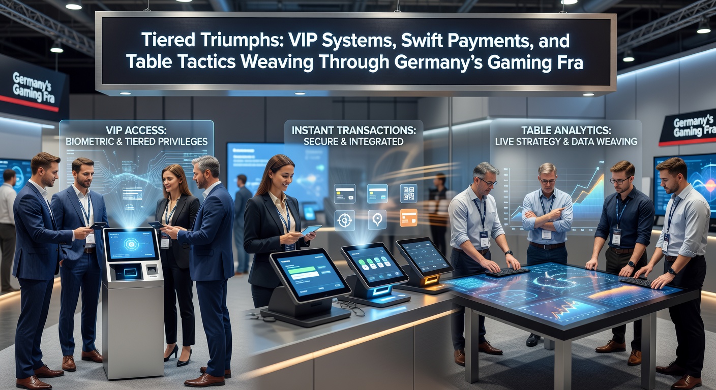 Grafik mit Tischspielen wie Roulette und Blackjack, umgeben von Zahlungssymbolen und VIP-Symbolen auf deutschem Flaggenhintergrund
